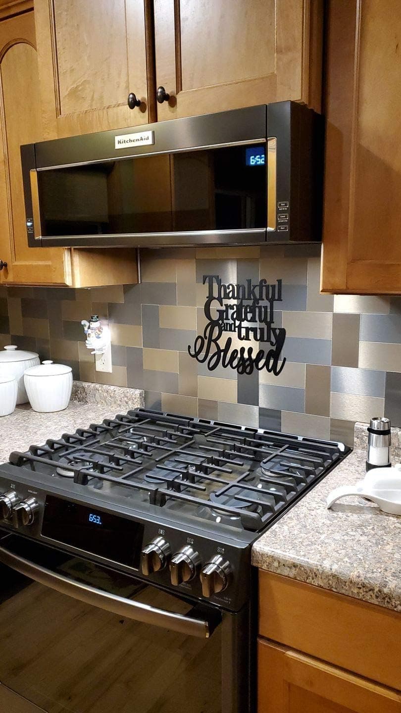 Steel Roots Decor Thankful Grateful and Truly Blessed Unique Wall Accent Metal Sign, Metal Word Wall Art, House Warming Gift Sign for Indoor, Outdoor, Living Room and Bedroom - (Black, 12"-Metal)