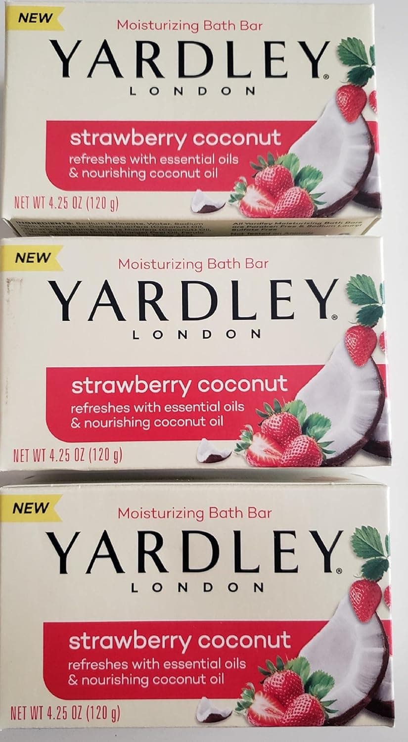 Yardley London STRAWBERRY COCONUT 4.25oz Moisturizing bath bar (3 pack bundle) with essential oils, NOT tested on animals