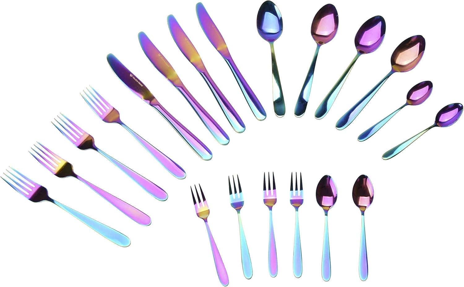 WaxonWare Stainless Steel Iridescent Flatware Cutlery (20-Piece Set) Complete Silverware Set Bundle | Forks, Knives, Spoons | Rainbow PVD Coated