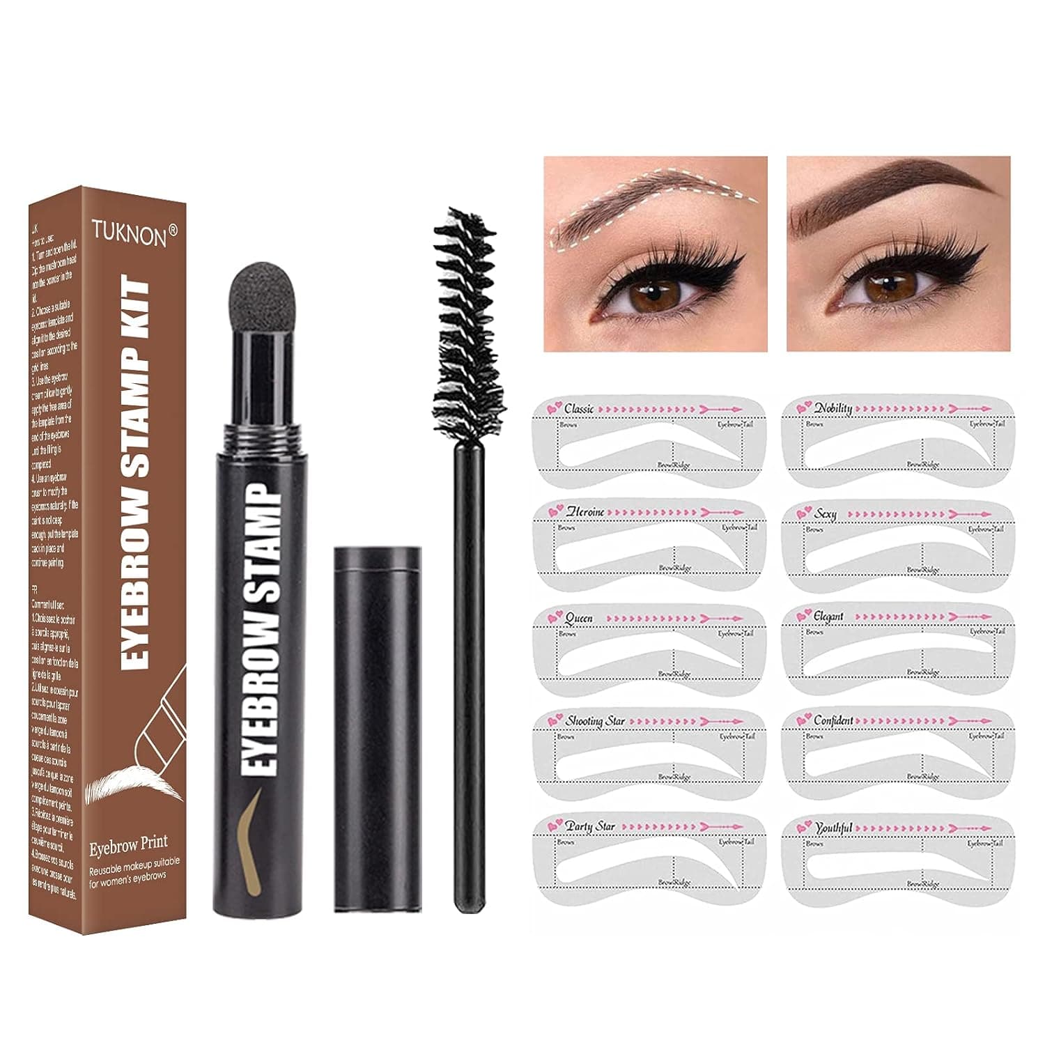 Brow Stamp and Stencil Kit, Eyebrow Stamp Shaping Kit, Waterproof Brow Stamp Shaping Kit Eyebrow Definer, Eyebrow Filling Powder Stamp with 10 Eyebrow Stencils, 1 Eyebrow Brush for Women (Dark Brown)
