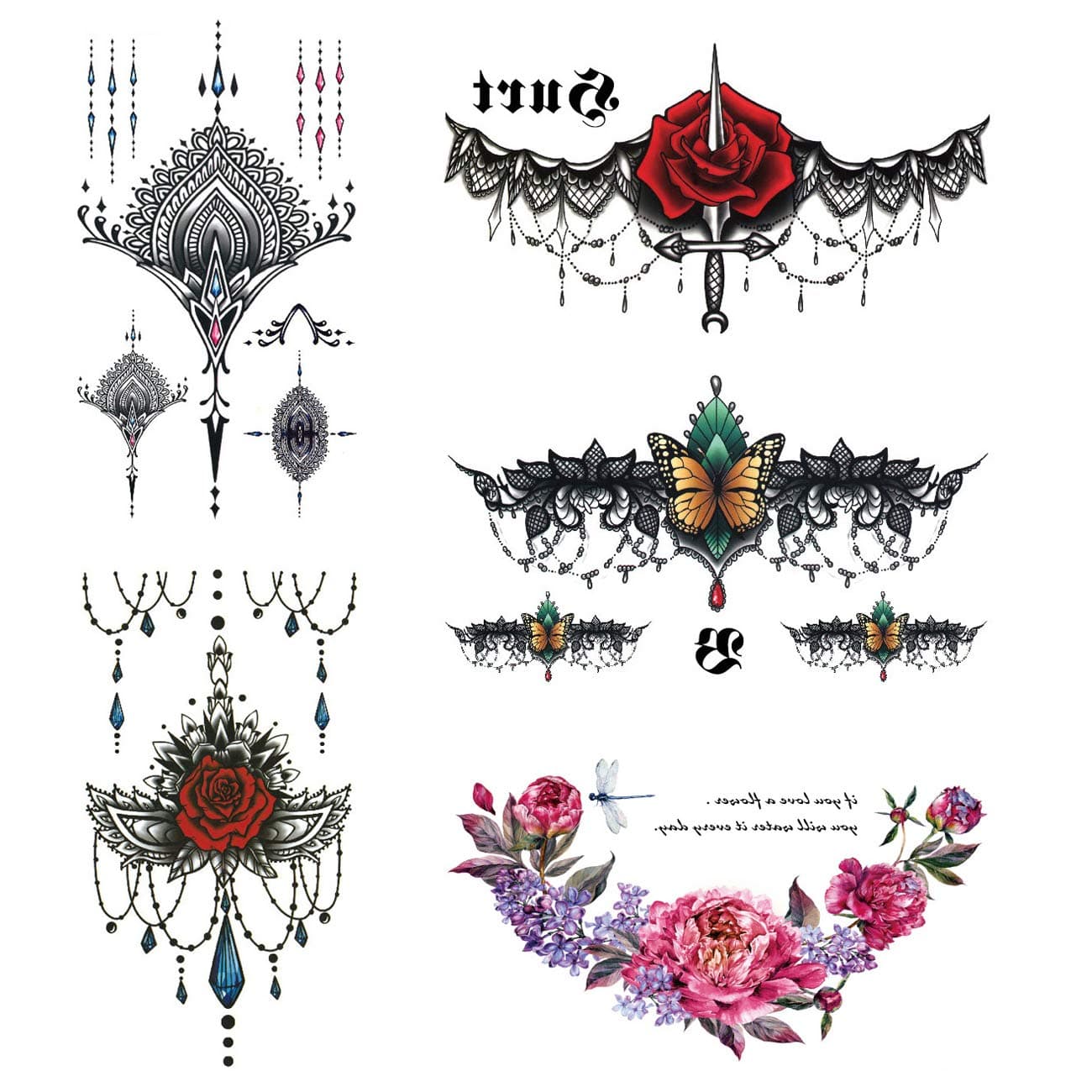 Large Temporary Tattoos Floral Body Fake Sticker Sternum Beast Lower Back Tattoos 14x24cm 5 sheet (2)