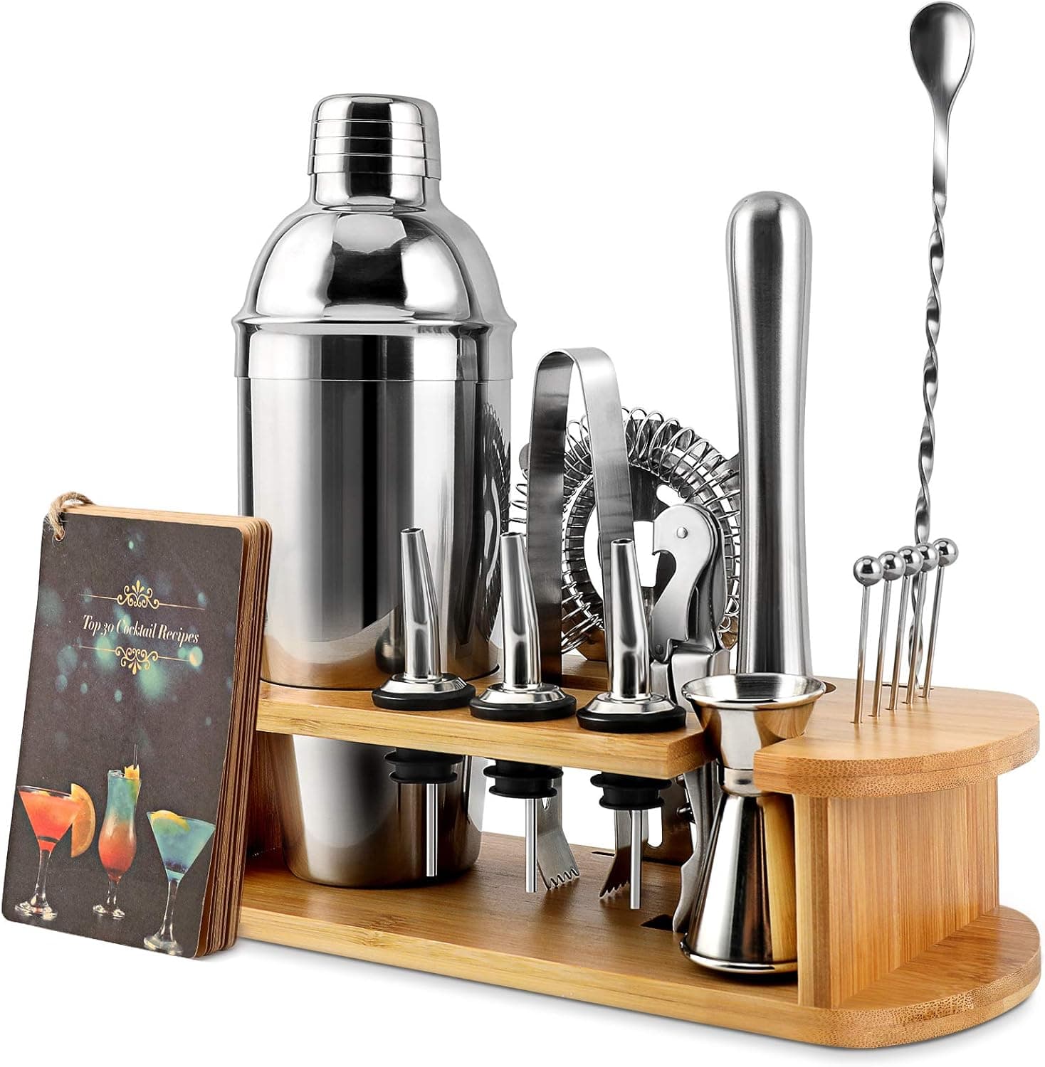 Bartender Kit, EPTISON 16-Piece Stainless Steel Cocktail Shaker Set with Stylish Bamboo Stand & Cocktail Recipes Booklet, Professional Bar Tools for Drink Mixing, Home, Bar, Parties