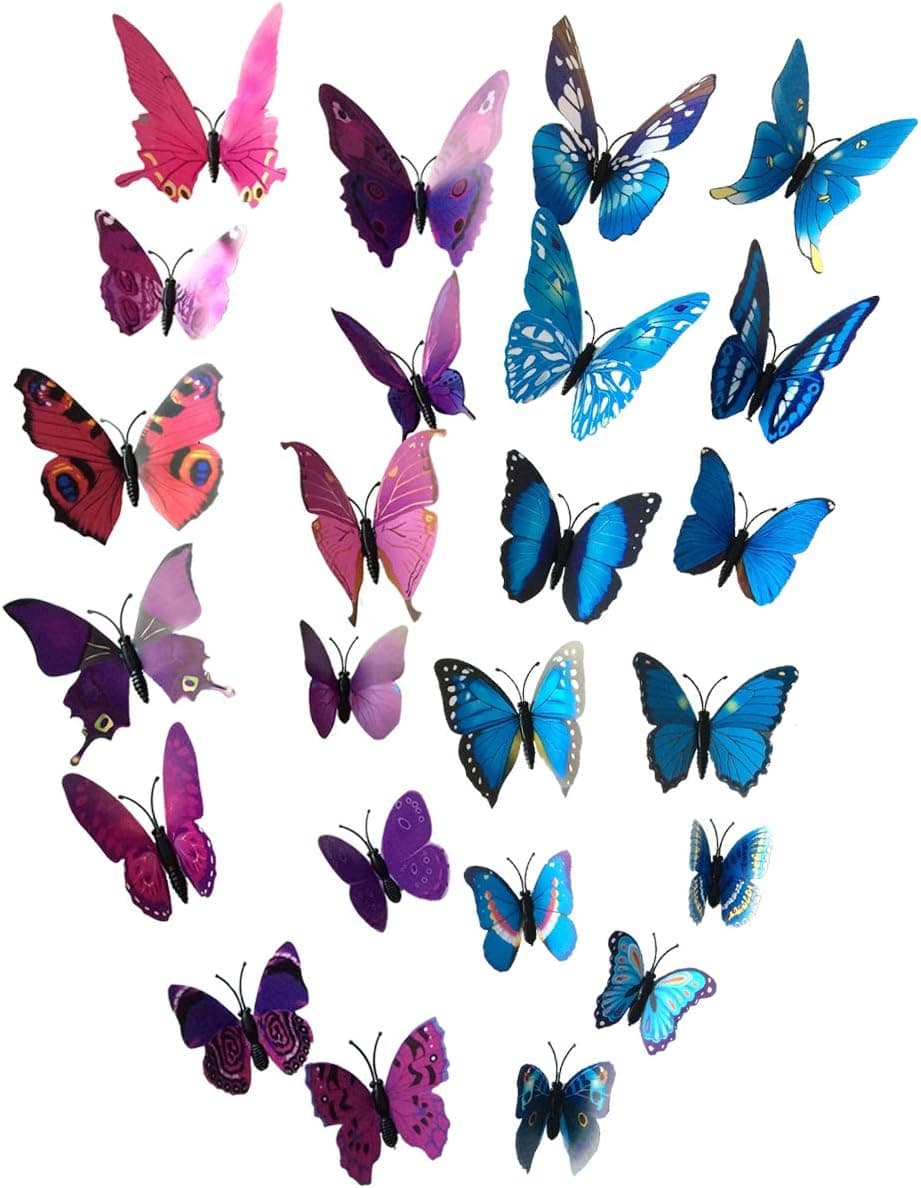 24pcs Purple&blue 3d Butterfly Stickers, Wall Stickers Crafts Butterflies, Wall Decoration, Fridge Magnet