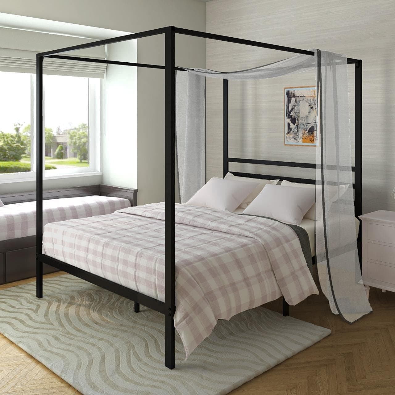 AMBEE21 Canopy Queen Metal Bed Frame with Headboard – Platform Wrought Iron Heavy Duty Solid Sturdy Metal Slat Black No Box Spring Needed/Under Bed Storage/Industrial & Farmhouse