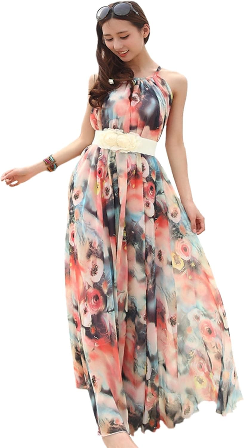 MedeShe Women's Chiffon Floral Holiday Beach Bridesmaid Maxi Dress Sundress