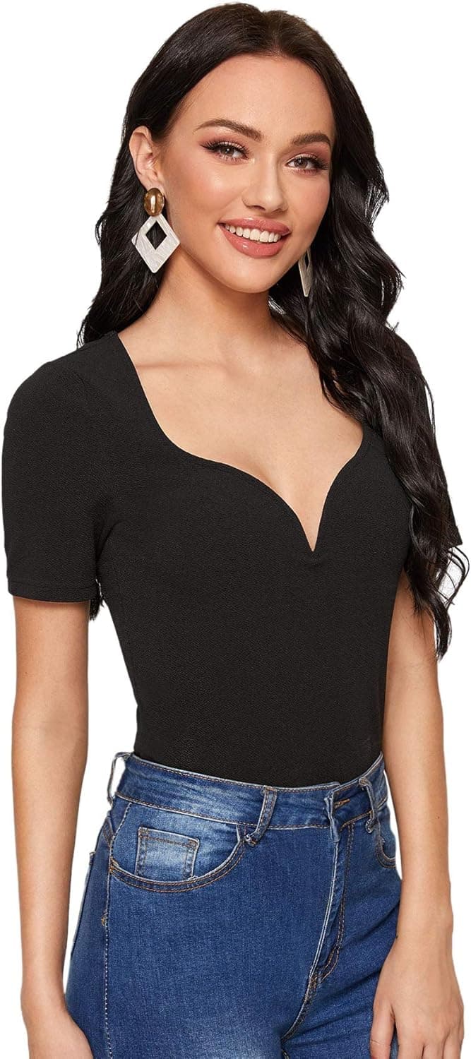 SheIn Women's Sweetheart Neckline Short Sleeve Fitted Solid T-Shirt Tee Tops Black X-Large