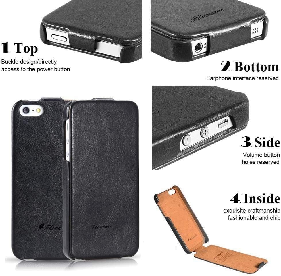 For Apple iPhone 5 5s SE Case, FLOVEME [Slim Fit] [Flip Folio] Premium Vintage Ultra Thin Magnetic PU Leather Flip Pouch [Extra Grip] Full Protection Cover Holder - Black