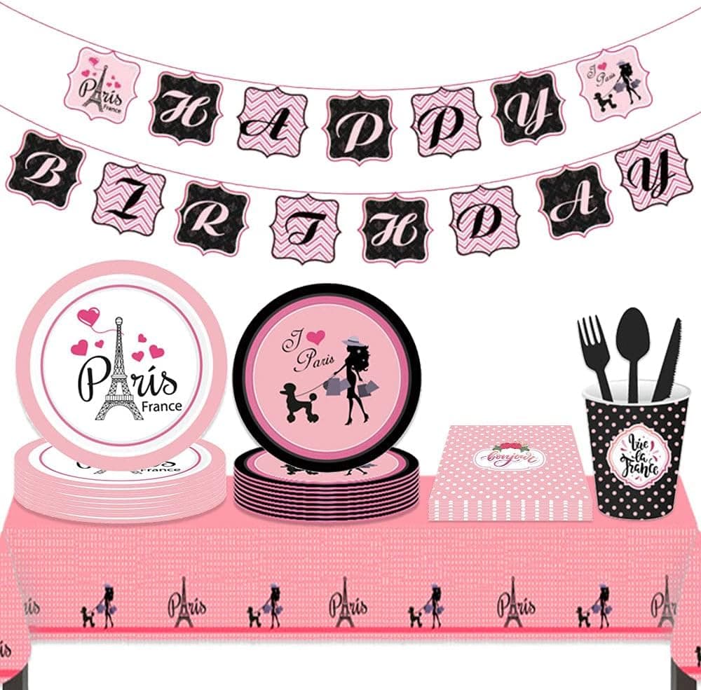 LaVenty Paris Birthday Party Supplies Paris Birthday Party Plates and Napkins Eiffel Tower Birthday Banner