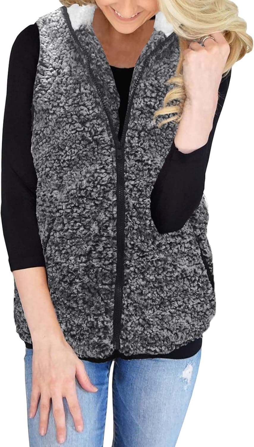 MEROKEETY Women's Casual Sherpa Fleece Lightweight Fall Warm Zipper Vest with Pockets