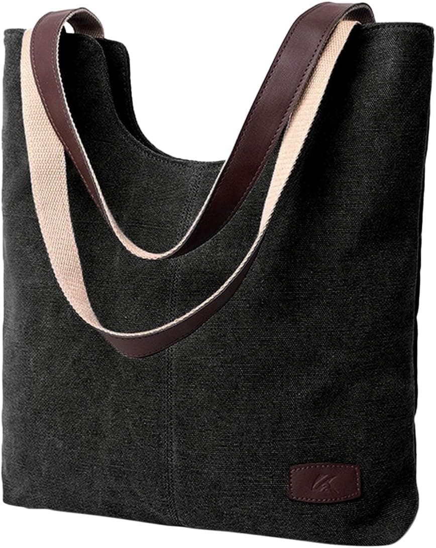 SELECTIA Durable Cotton Canvas Middle-sized Tote Shoulder Bag Sport and Leisure Bag and Case Kids for Work Grocery Shopping School Picnic Handbag (Black)