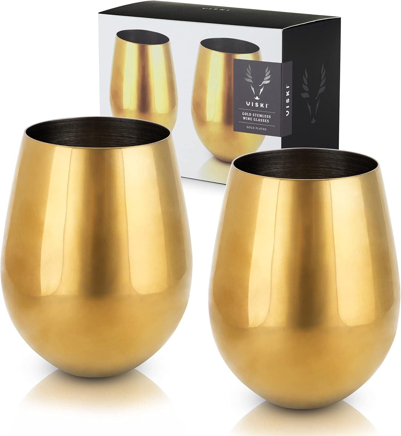 Viski Gold Wine Glasses, Stemless Wine Glass Set, Stainless Steel with Gold Finish, 18 Ounces, Set of 2, Gold