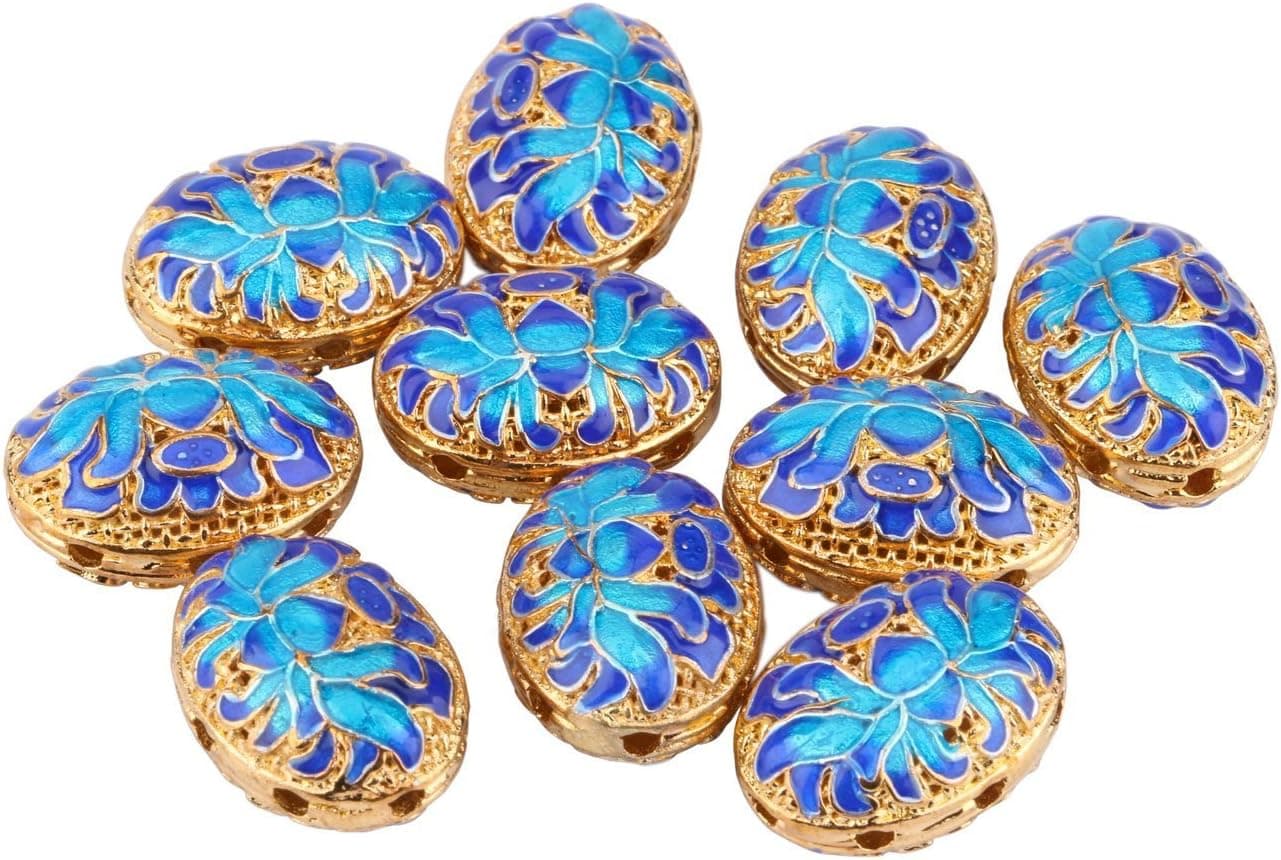 Sdootjewelry 10 Pcs 15mm Oval Spacer Beads Classical Style Egg Shaped Charm Bead with Blue Flower Pattern Copper Beads for Jewelry Makings