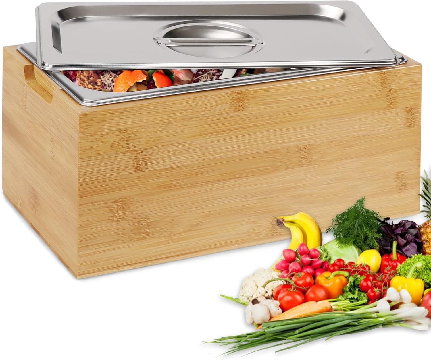 Farmhouse Kitchen Compost Bin - Wooden Countertop Compost Box Stainless Steel Pail with Lid Smell Rust Proof Container - 1.5 Gal Recycle Bins for Food Waste