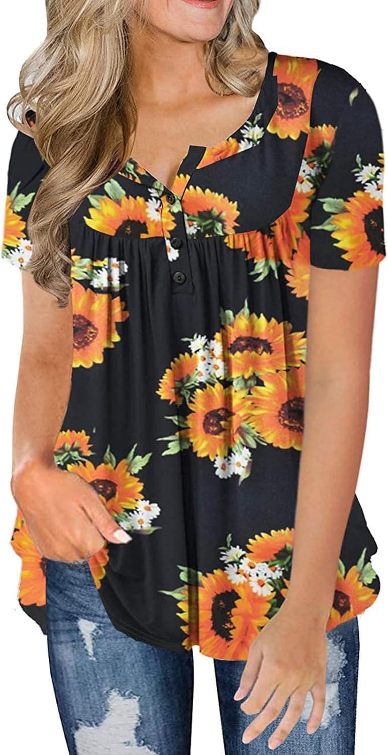 NIANTIE Womens Summer Tops, Womens Tops Plus Size Tunic Top Blouses Casual Floral Short Sleeve V Neck Henley Shirts M-3XL