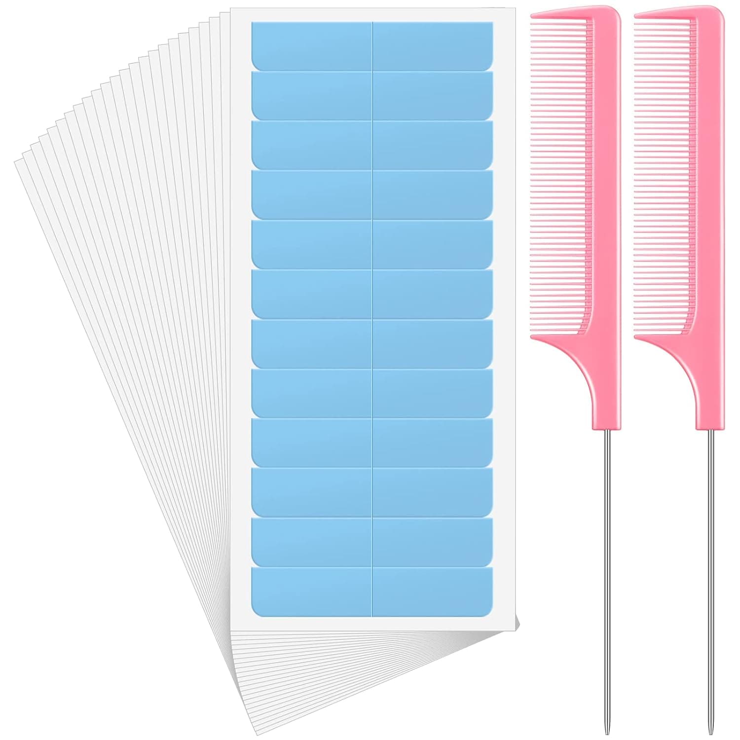 Vesici 288 Pcs 24 Sheets Tape in Hair Extensions Hair Tape Tabs Double Sided and 2 Pcs Rat Tail Parting Combs Adhesive Extension Replacement Tape in Remover Pintail Comb for Women Girls(Blue, Pink)