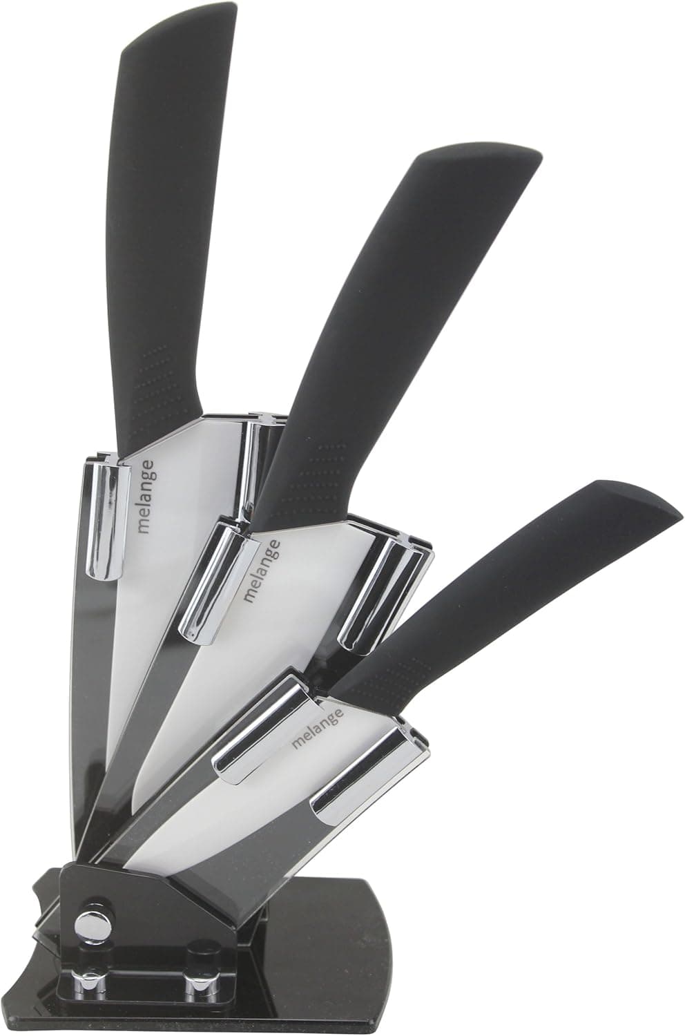 Melange 4-Piece Ceramic Knife Set with Black Handle and White Blade, Includes 6-Inch Chef's Knife, 5-Inch Santoku Knife, 4-Inch Utility Knife and Acrylic Holder