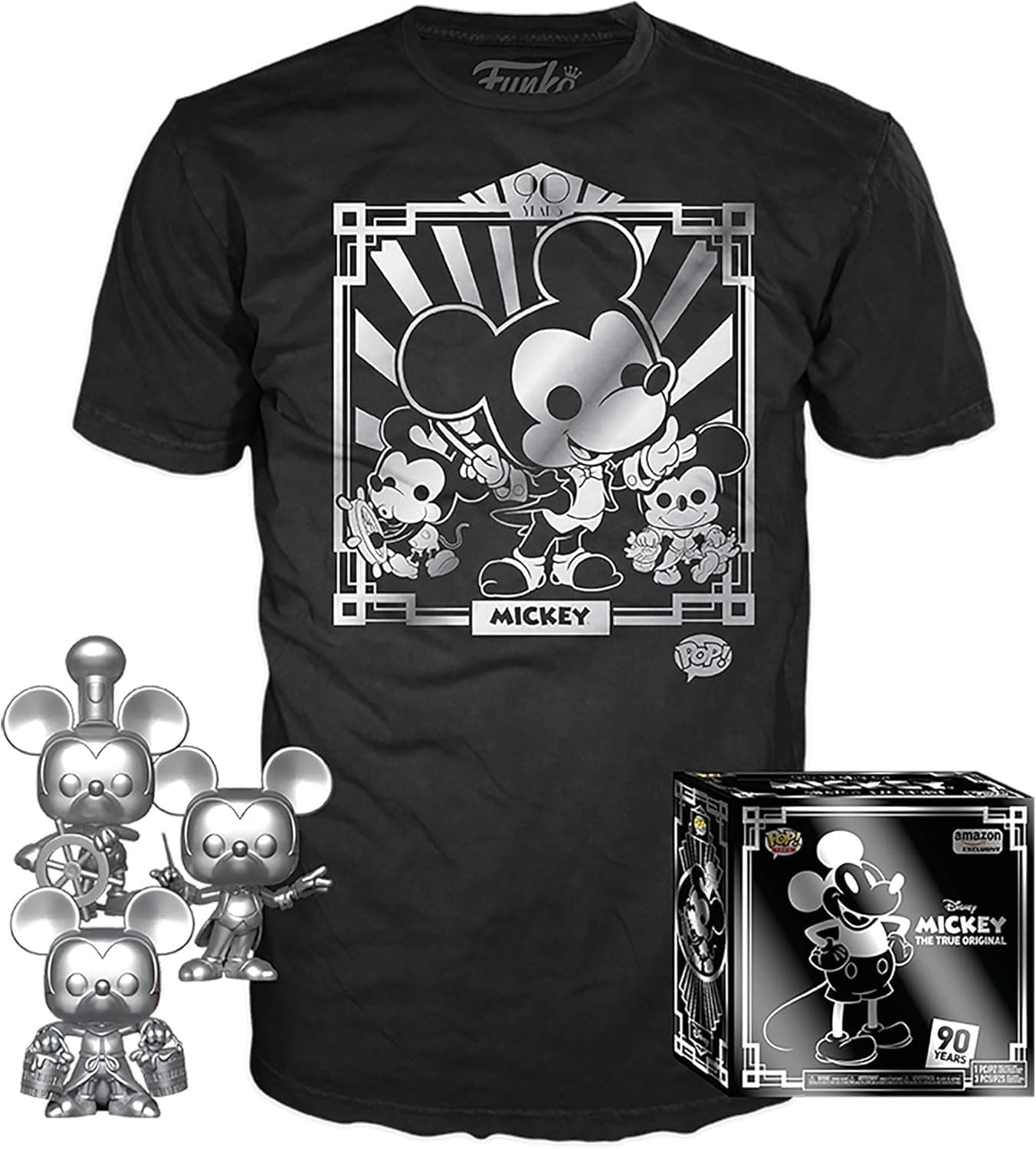 Funko Pop! 3 Pack & Tee: Disney - Mickey's 90th T-Shirt and Silver Steamboat Willie, Conductor, and Apprentice, Amazon Exclusive, Size S