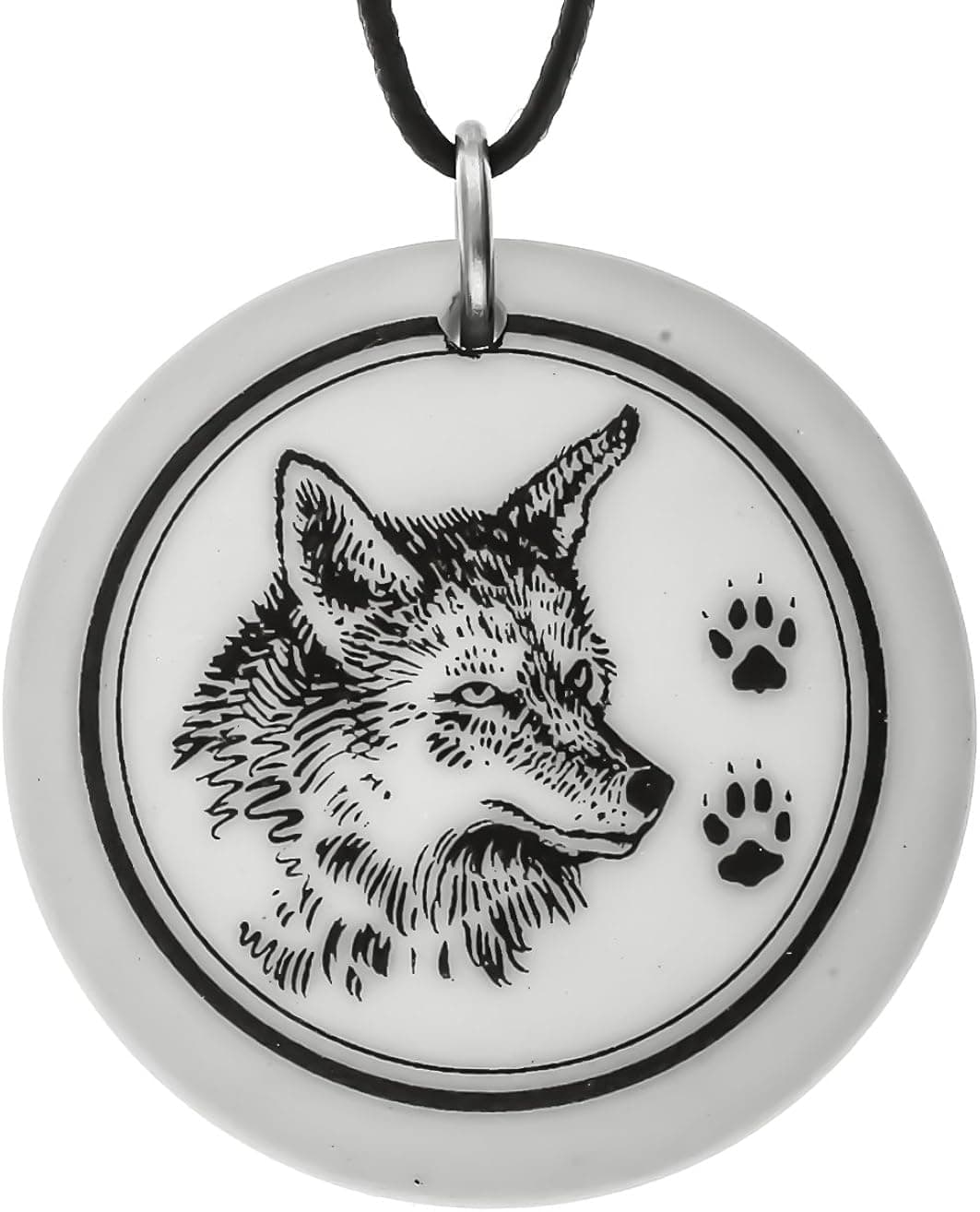 Coyote Totem Round Porcelain Pendant (on Black Cord)