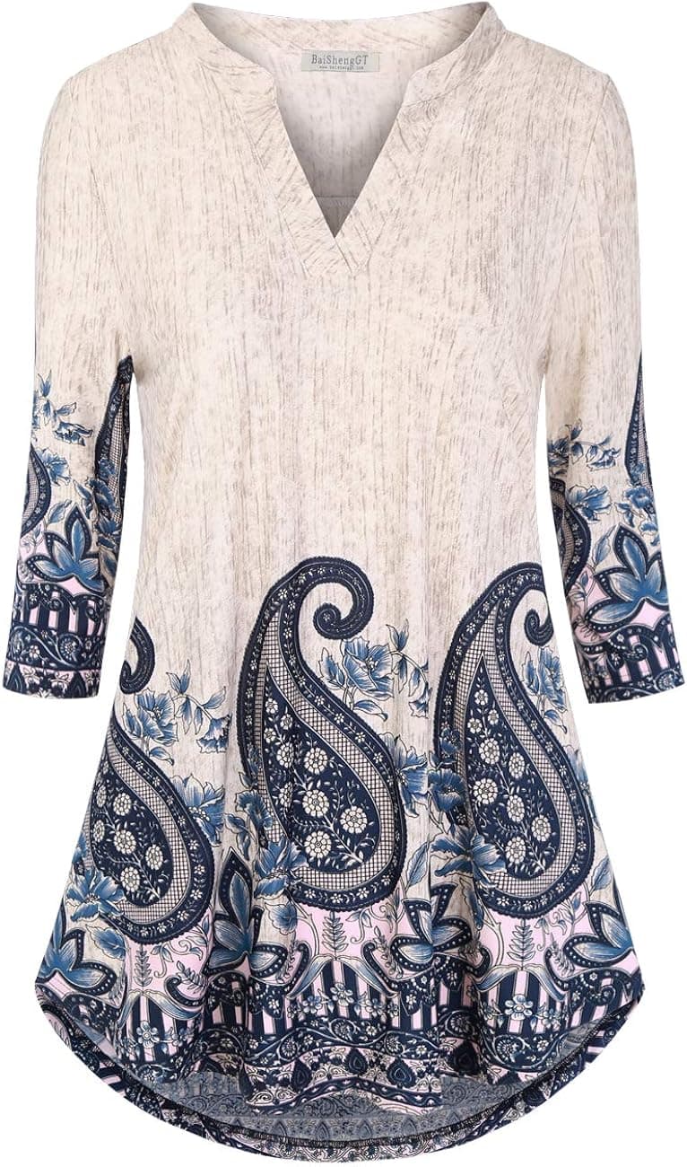 BAISHENGGT Womens 3/4 Sleeve Floral Printed Notch V Neck Blouses Tunics Tops
