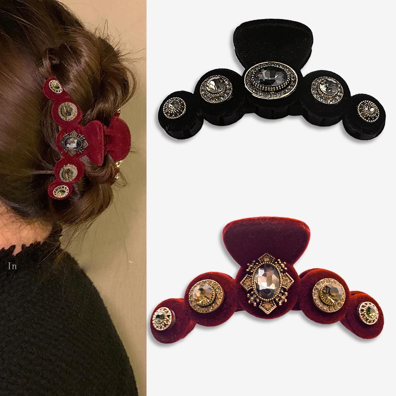 OGIRL Vintage Velvet Rhinestones Claw Clips, Strong Hold Hair Claw Clips,Barrettes for Long Hair, Fashion Accessories for Girls(Red and Black,2 pack)