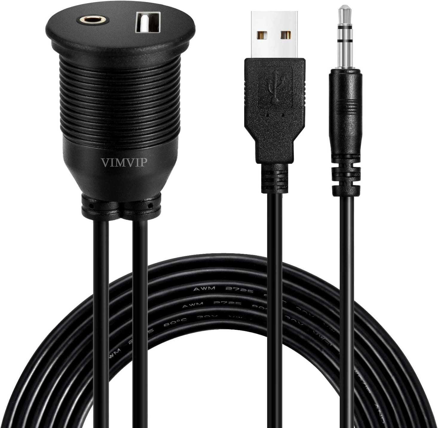 VIMVIP® USB & 3.5mm AUX Extension Flush Mount 2 Meter Audio Cable , 1/8 AUX Car Bike Boat Motercycle Lead