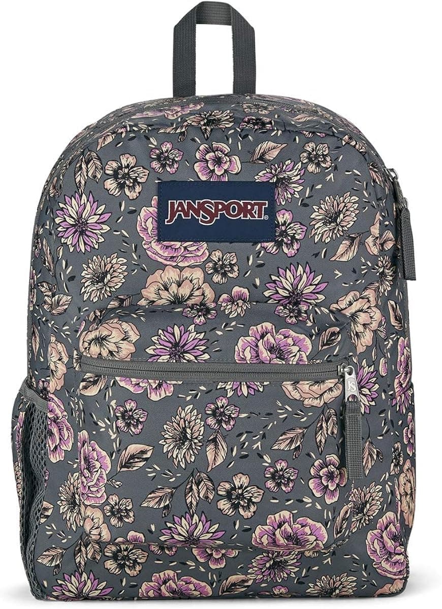 JanSport Cross Town Backpack - School, Travel, or Work Bookbag with Water Bottle Pocket, Boho Floral Graphite Grey