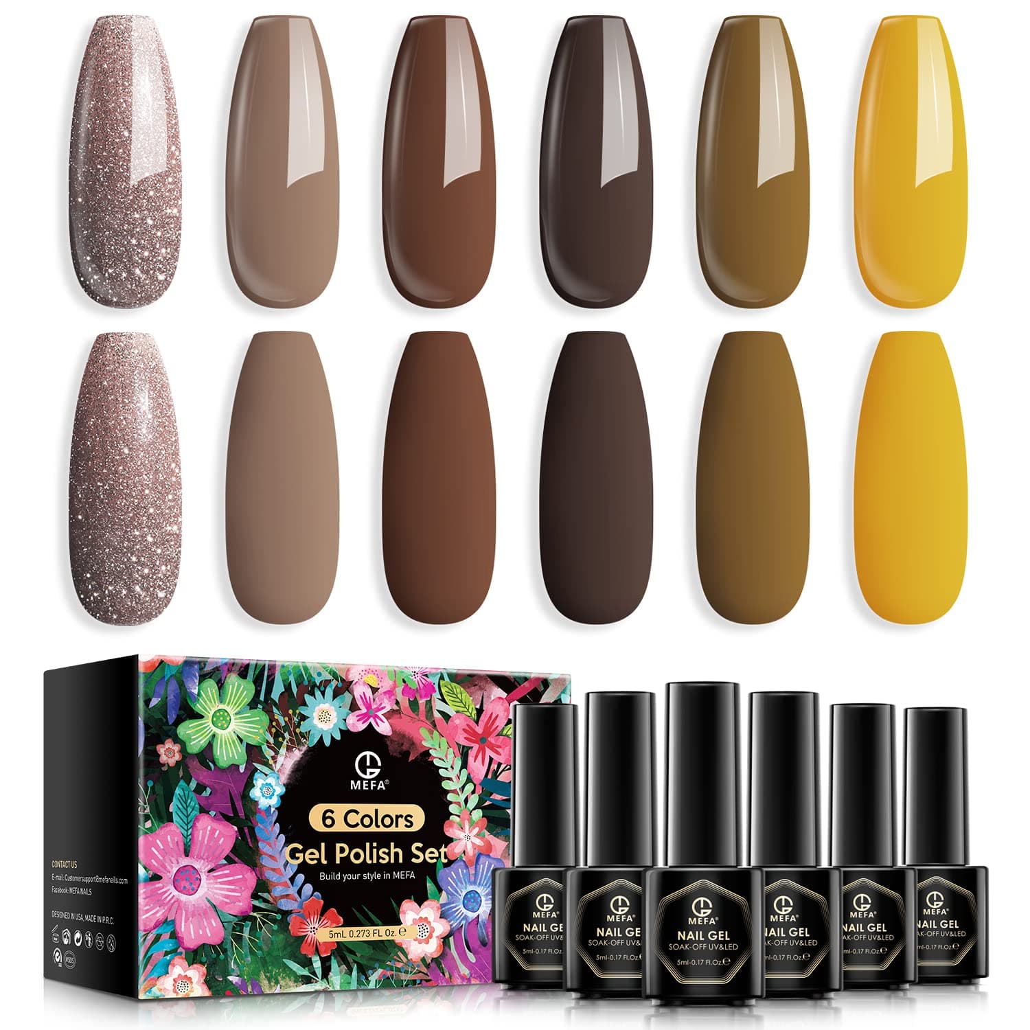 MEFA Brown Gel Nail Polish Set, Coffee Chocolate Khaki Chestnut Glitter Shades 6 Colors, Long Lasting Soak Off Nail Art Design Manicure Starter Kit Holiday Gift for Women Girls 5ml