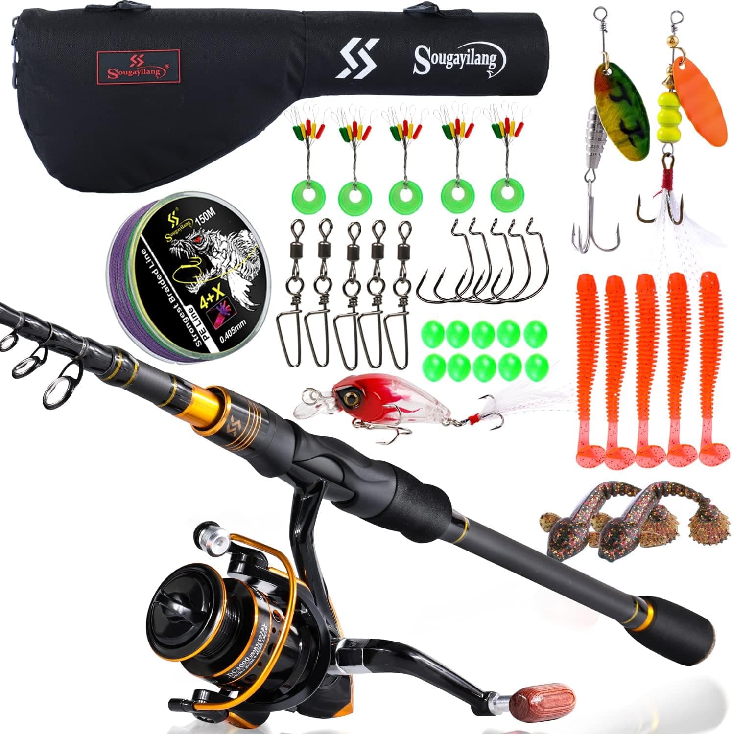 Sougayilang Fishing Rod and Reel Combo, Telescopic Spinning Reel Combo, Fishing Pole with Fishing Carrier Bag Freshwater Travel Fishing Kit