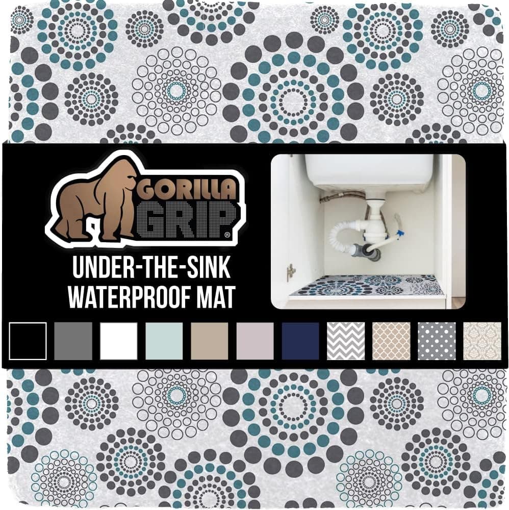 Gorilla Grip Quick Dry Waterproof Under Sink Mat Liner, 24x50, Slip Resistant, Non-Adhesive, Absorbent Mats for Below Sinks, Durable Shelf Liners to Protect Cabinets, Washable, Gray Turquoise Spiral
