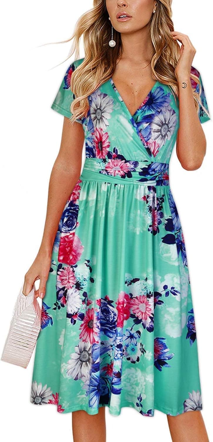 OUGES Women's Summer Short Sleeve V-Neck Floral Short Party Dress with Pockets