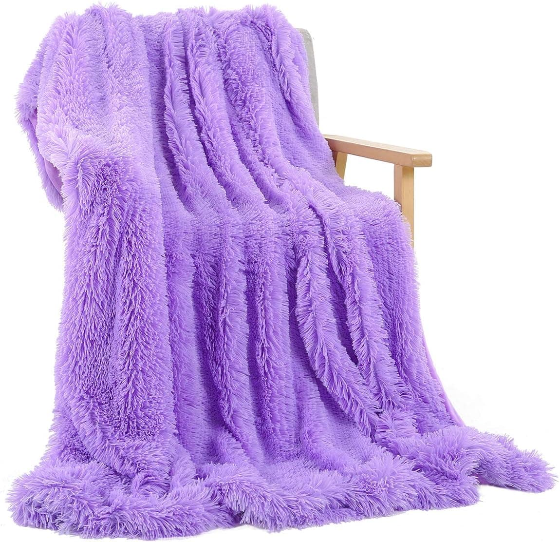 SatisInside Luxury Plush Faux Fur Throw Blankets,Extra Soft and Cozy Shaggy Bed Blankets,Fleece Decorative Throws for Sofa,Chair,Couch or Bed,51" x 63",Purple