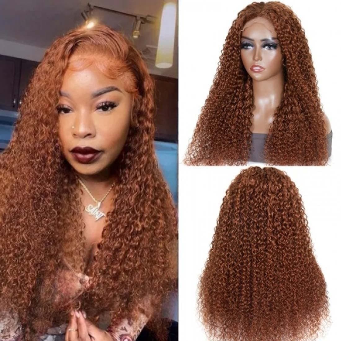 Beauty Forever #30 Ginger Color T Part Lace Wig Human Hair Jerry Curly Medium Auburn Hair Fall Color Wigs,Brazilian Virgin Human Hair 4x0.75 Lace Part Wig 150% Density 16 Inch