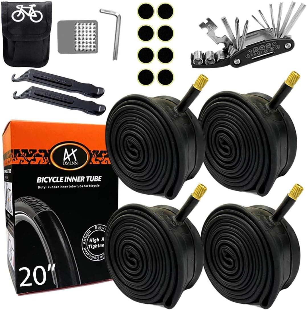DMLNN 20 Inch Inner Bike Tubes Plus Tire Repair Kit, Replacement for 20x1.75/1.95/2.10/2.125 Schrader Valve MTB Bike Tire/Schrader Valve BMX Bicycle Inner Tubes (4 Pack)