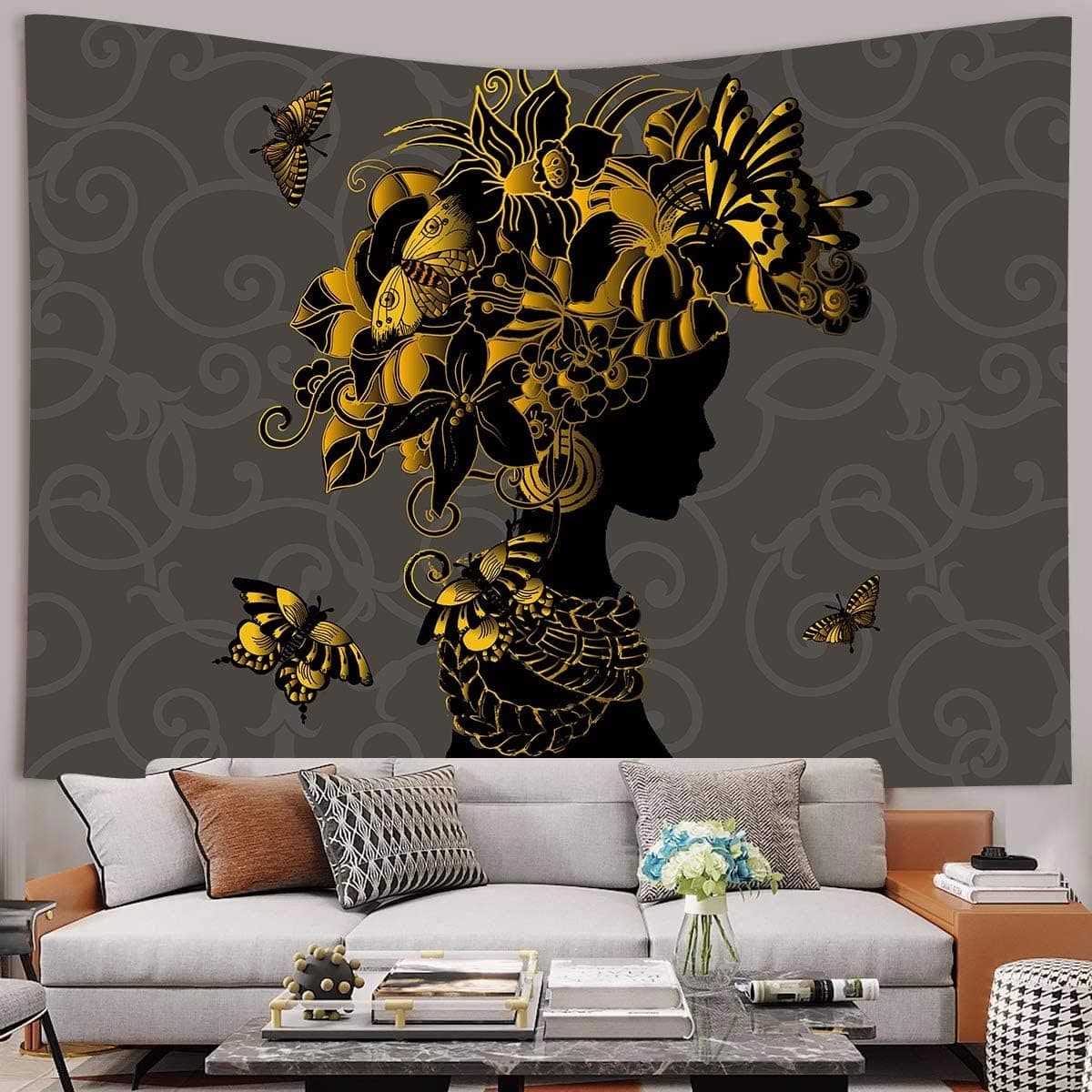 Beauty Black Girl Tapestry African American Girl Side Face Silhouette With Golden Butterflies Flowers 80''x60'' Wall Hanging for Bedroom Living Room Dorm Decor GTZDHE213