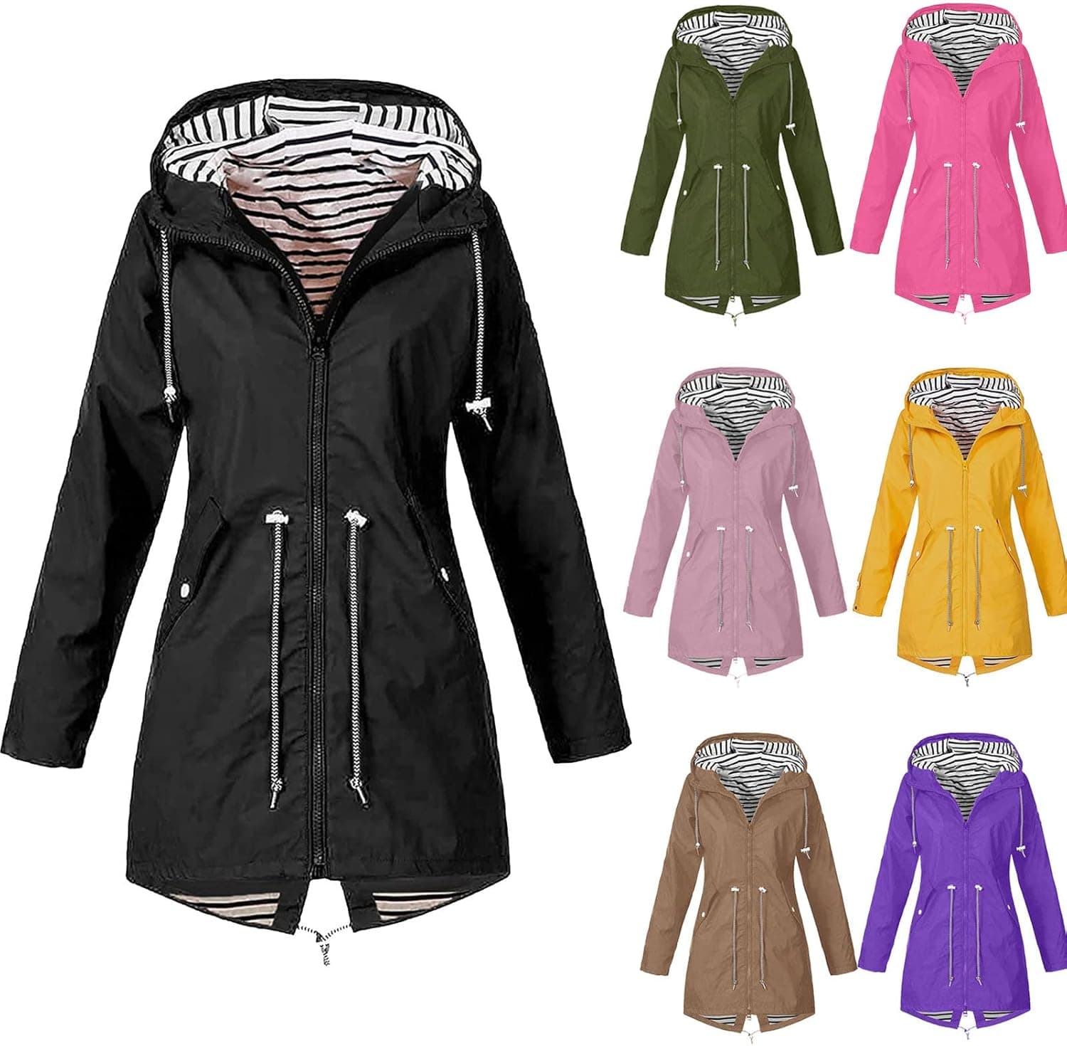 GEILLGI Rain Jacket for Women Solid Waterproof Rain Jacket Outdoor Stripe Hooded Raincoat Windproof Daily Active Windbreaker