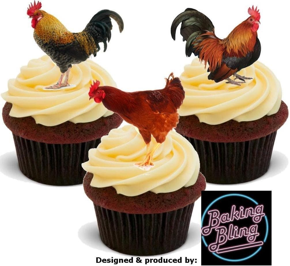 12 x Chicken Mix Cocks Cockerel Farm Animals - Fun Novelty Birthday PREMIUM STAND UP Edible Wafer Card Cake Toppers Decoration