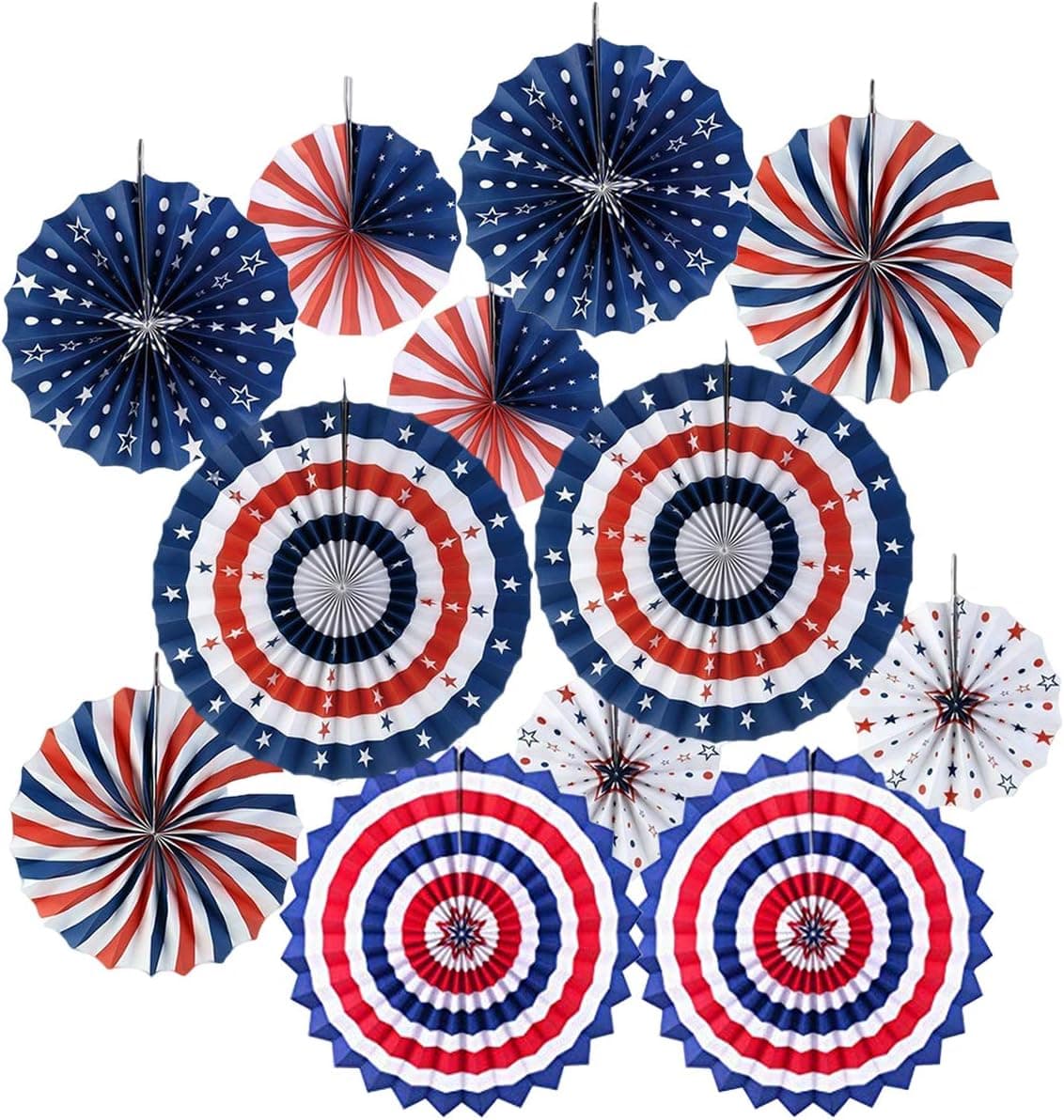 4th/Fourth of July Patriotic Ddecorations -Red White Blue Hanging Paper Fans for American Independence Day Party Decor Supplies(Set of 12)