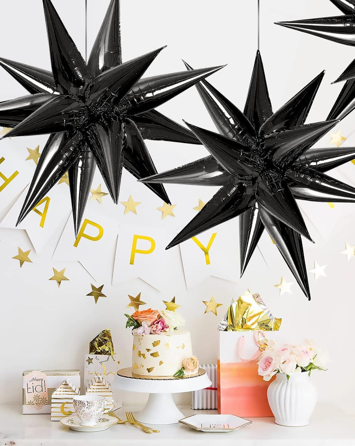 Simnuply 50 Pcs Black Star Balloons Starburst Cone Mylar Foil Balloons, Metallic Star Balloons for Decorating Balloon Arch Graduation Birthday Decorations Halloween Party Supplies