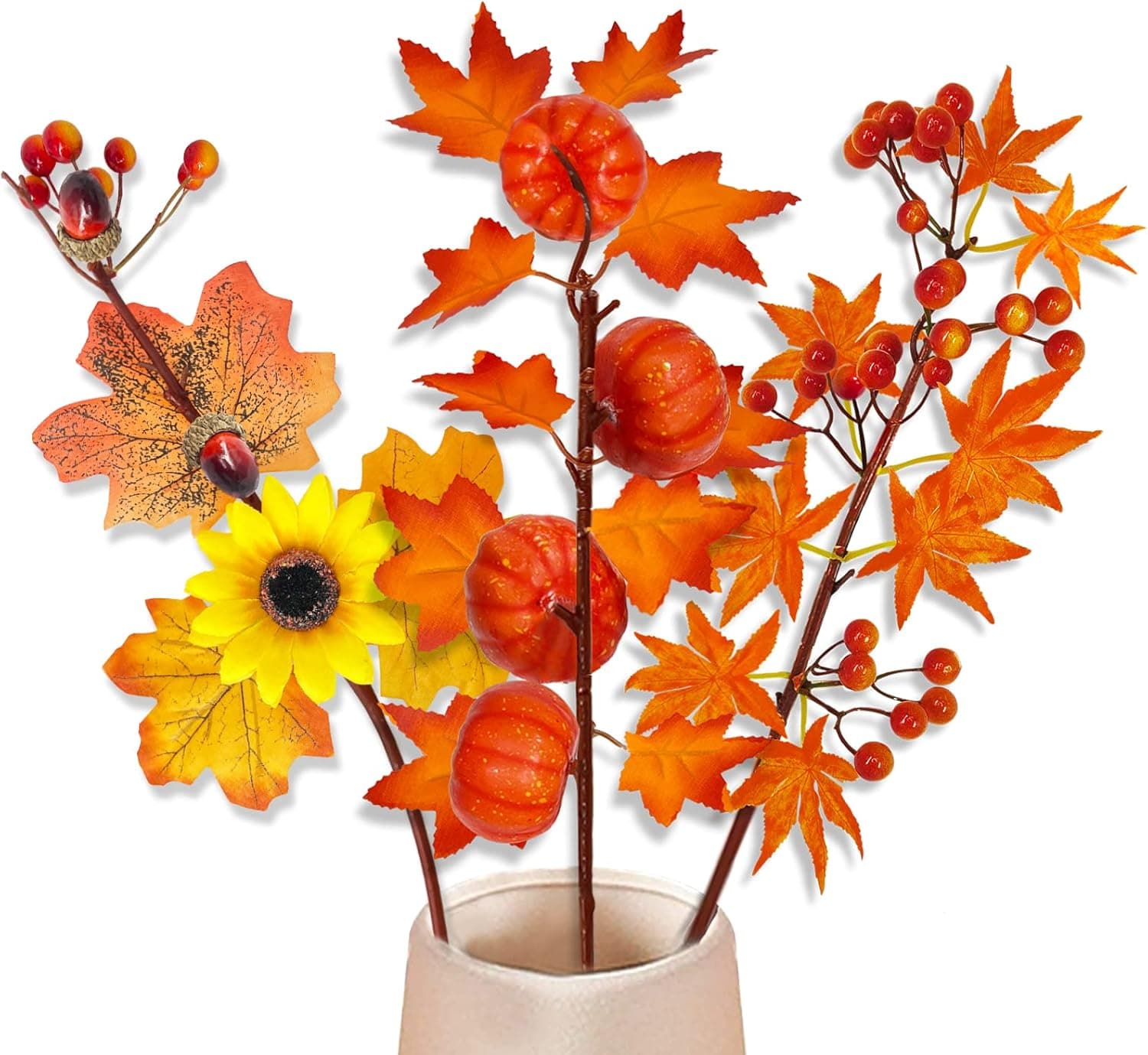 3 Pcs Artificial Fall Leaves Stems DIY Thanksgiving Decor Fall Flowers Orange Pumpkin Stems Maple Leaves Branches Sunflower Berries Acorn Picks Autumn Fall Decorations for Home Table Vase(Orange)