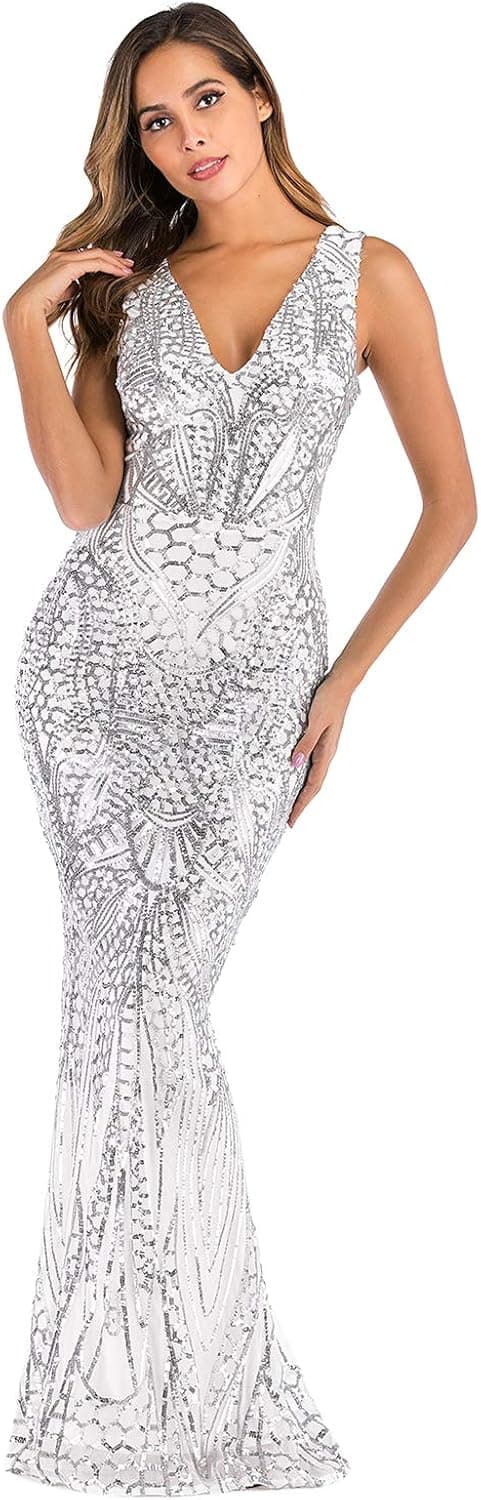 REAQKA Backless Double V Neck Sleeveless Maxi Evening Prom Sequin Dress for Women