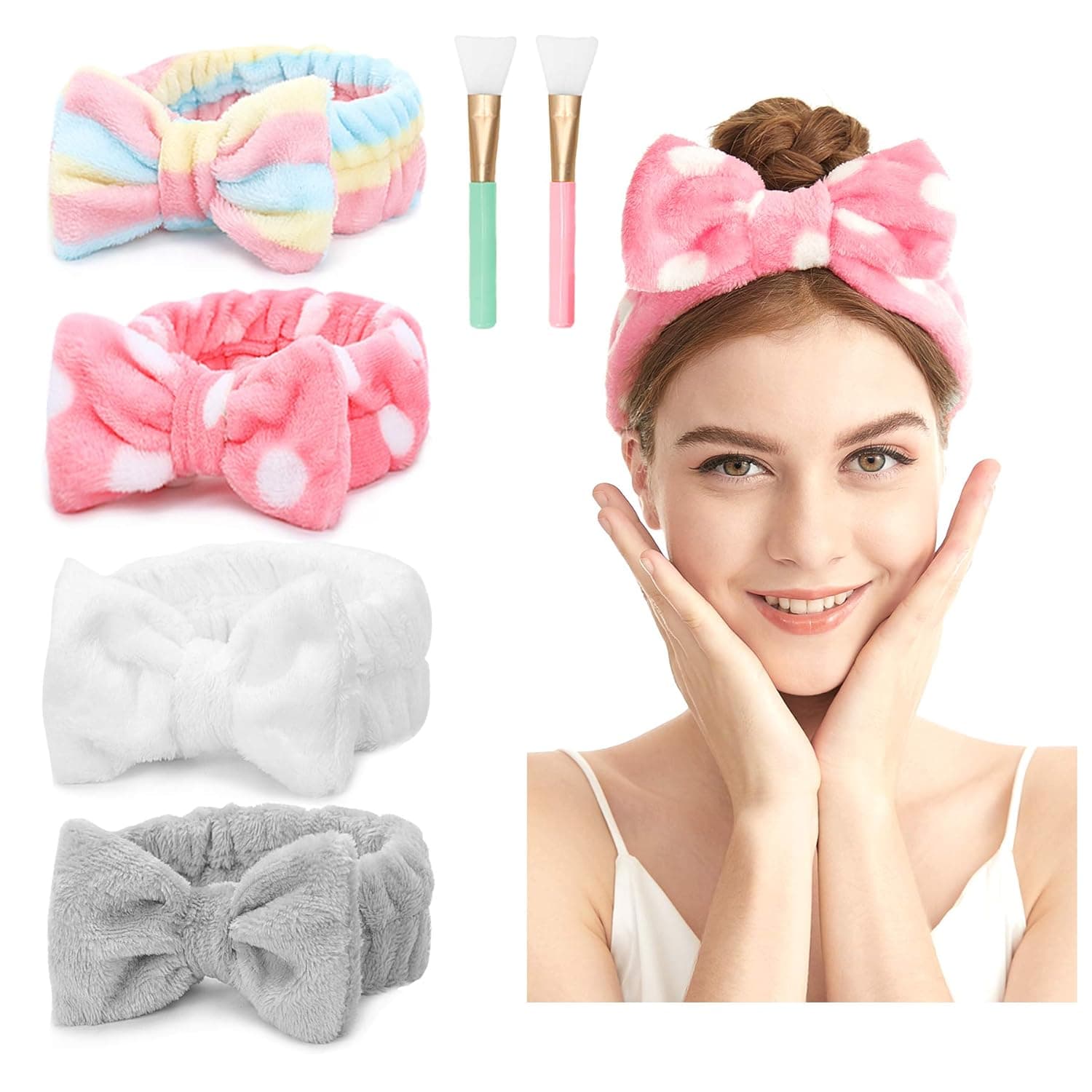 Bowknot Spa Headband - 4pcs Coral Fleece Makeup Headbands Cosmetic Headband with 2 Silicone Mask Applicator Brush Elastic Facial HeadBand for Washing Face Shower