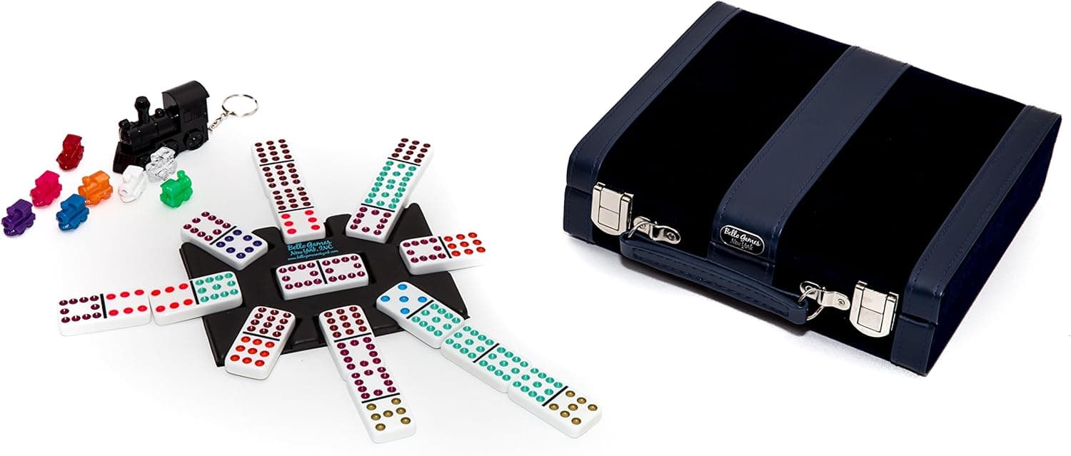 Bello Games Luxury Designer Velour Case with Mexican Double Twelve Deluxe Dominoes Set with Choo-Choo Train Sounds