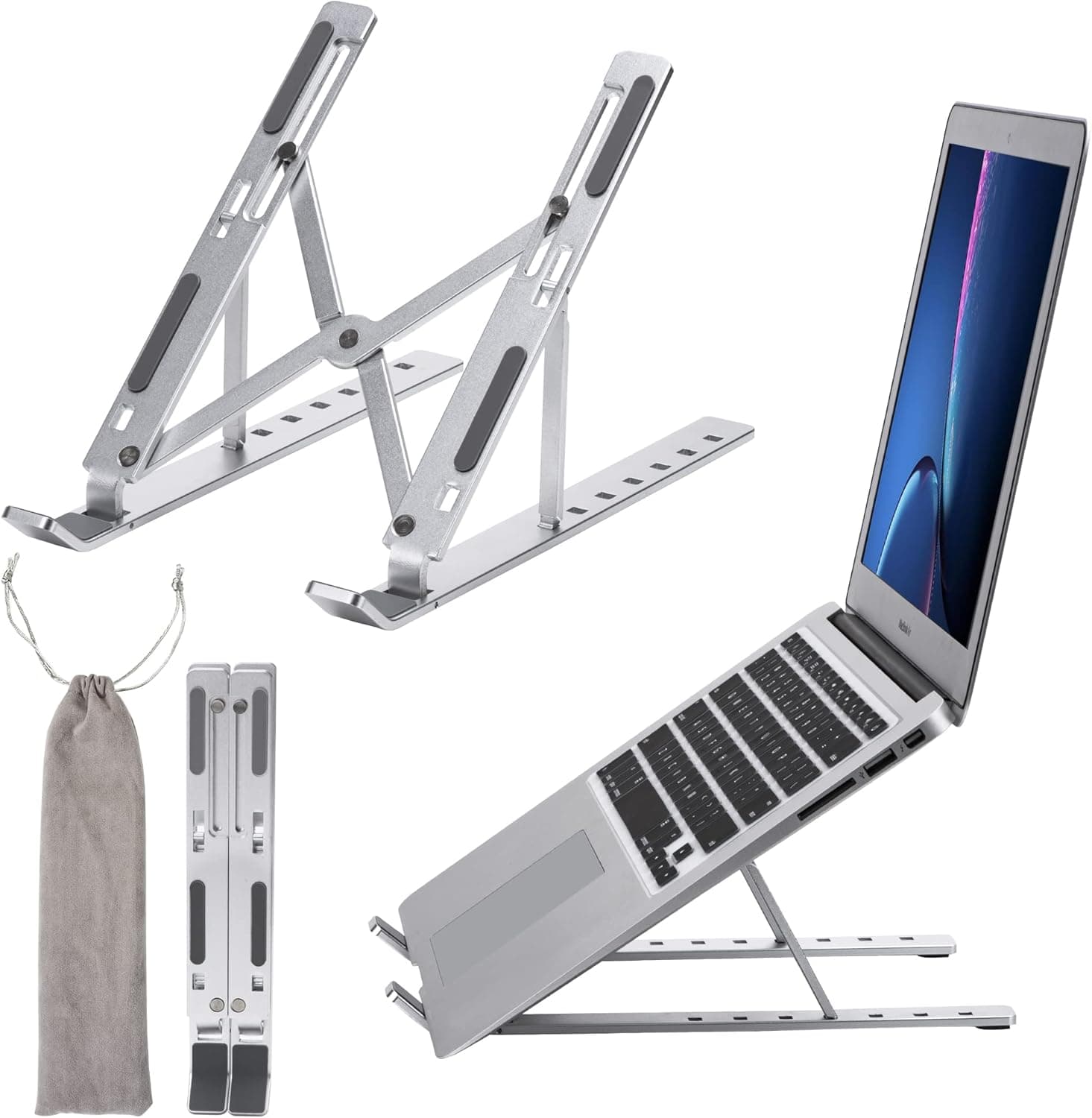Migeec Laptop Stand for Desk Adjustable Computer Stand Compatible with MacBook Air Pro, HP, Lenovo, Dell, iPad More 9-15.6 inch Laptops and Tablets Aluminum Foldable Portable (Silver)