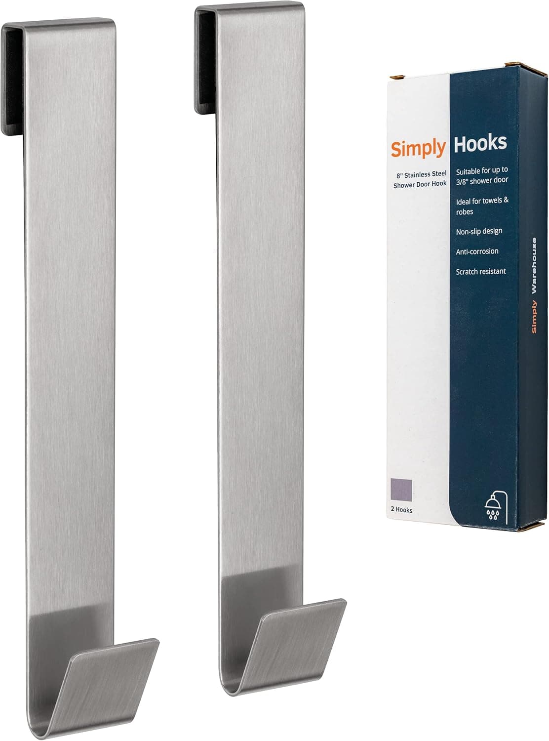 SimplyHooks 8" Shower Door Hooks, Silver, 2 Pack, Shower Towel Hook, Shower Door Hook for Frameless Glass Shower Door 3/8"(10mm)