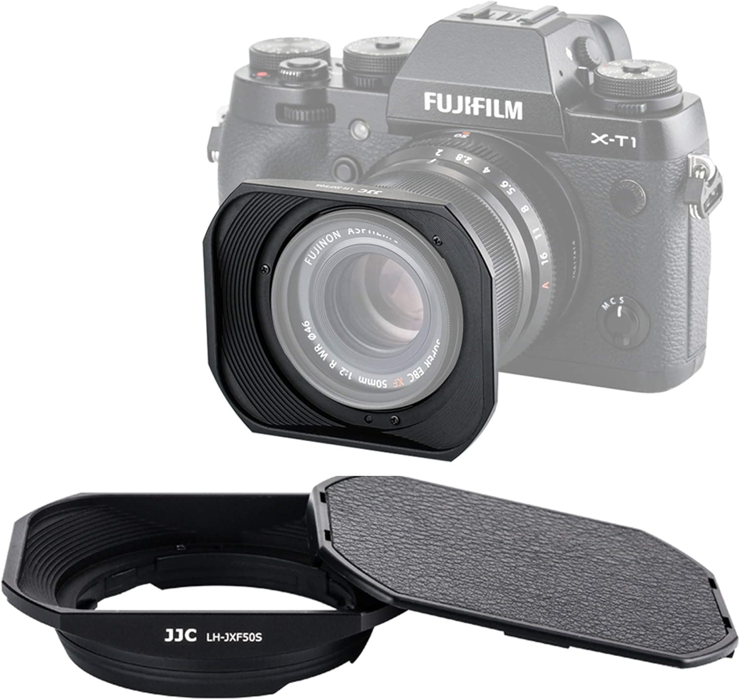 JJC LH-JXF50S Black Dedicated Square Metal Bayonet Hood for Fujinon XF50mmF2 R WR Lens, Fuji XF 50mm F/2 R Hood Shade, Compatible with Fujifilm 50 mm f2 Lense, Slide Front Cap, Aluminum Alloy