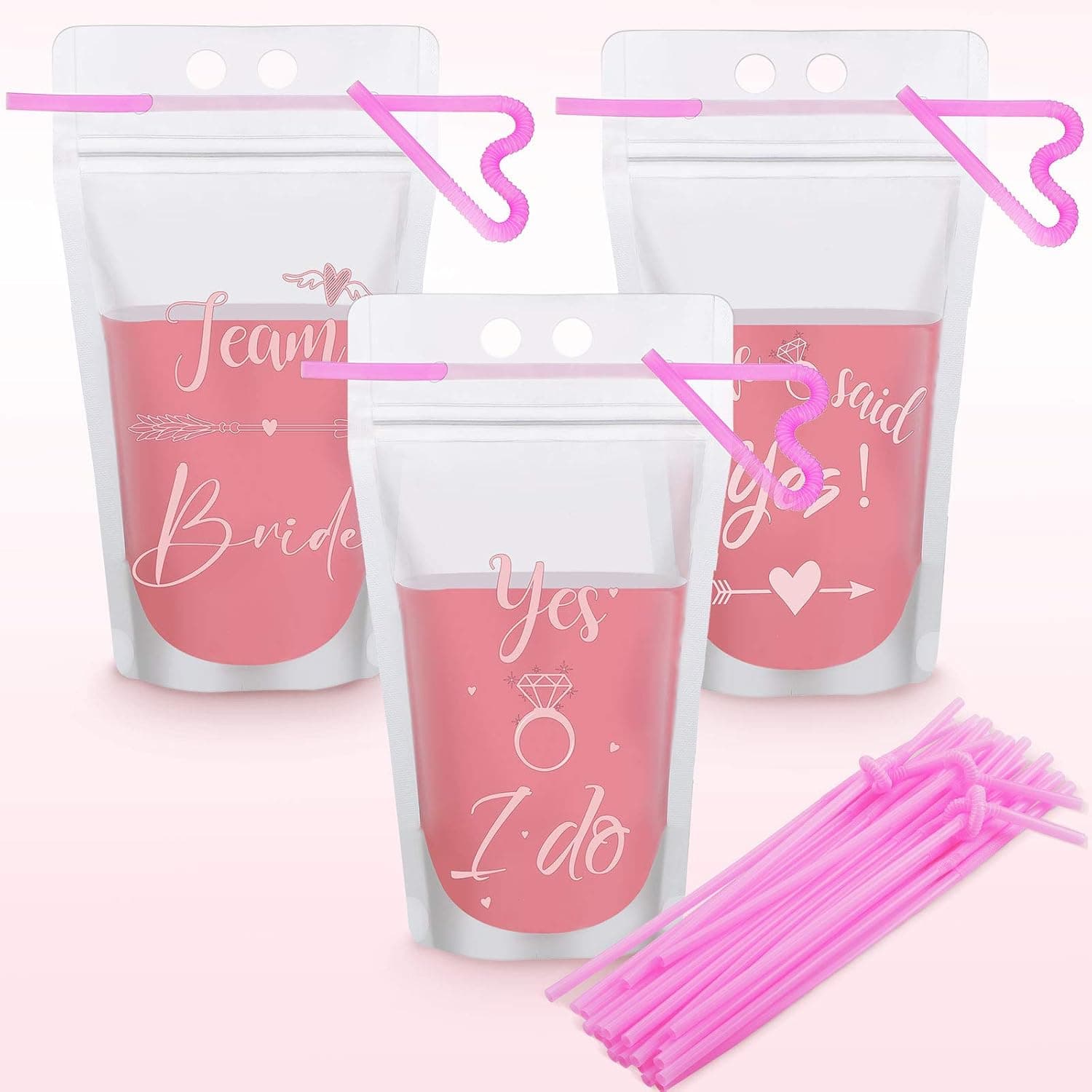 21 Pieces Bachelorette Drink Pouch Cup with Straw Disposable Smoothie Juice Pouches She Said Yes Pink Cups for Weddings and Bridal Showers