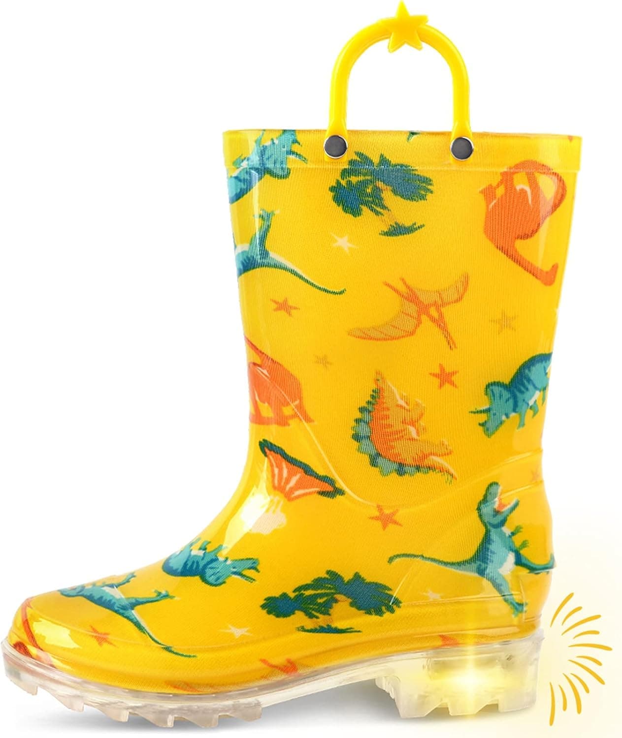 landchief Toddler Rain Boot, Little and Big Kids Waterproof Light Up Boots with Glitter for Girls and Boys, Size 13, Yellow
