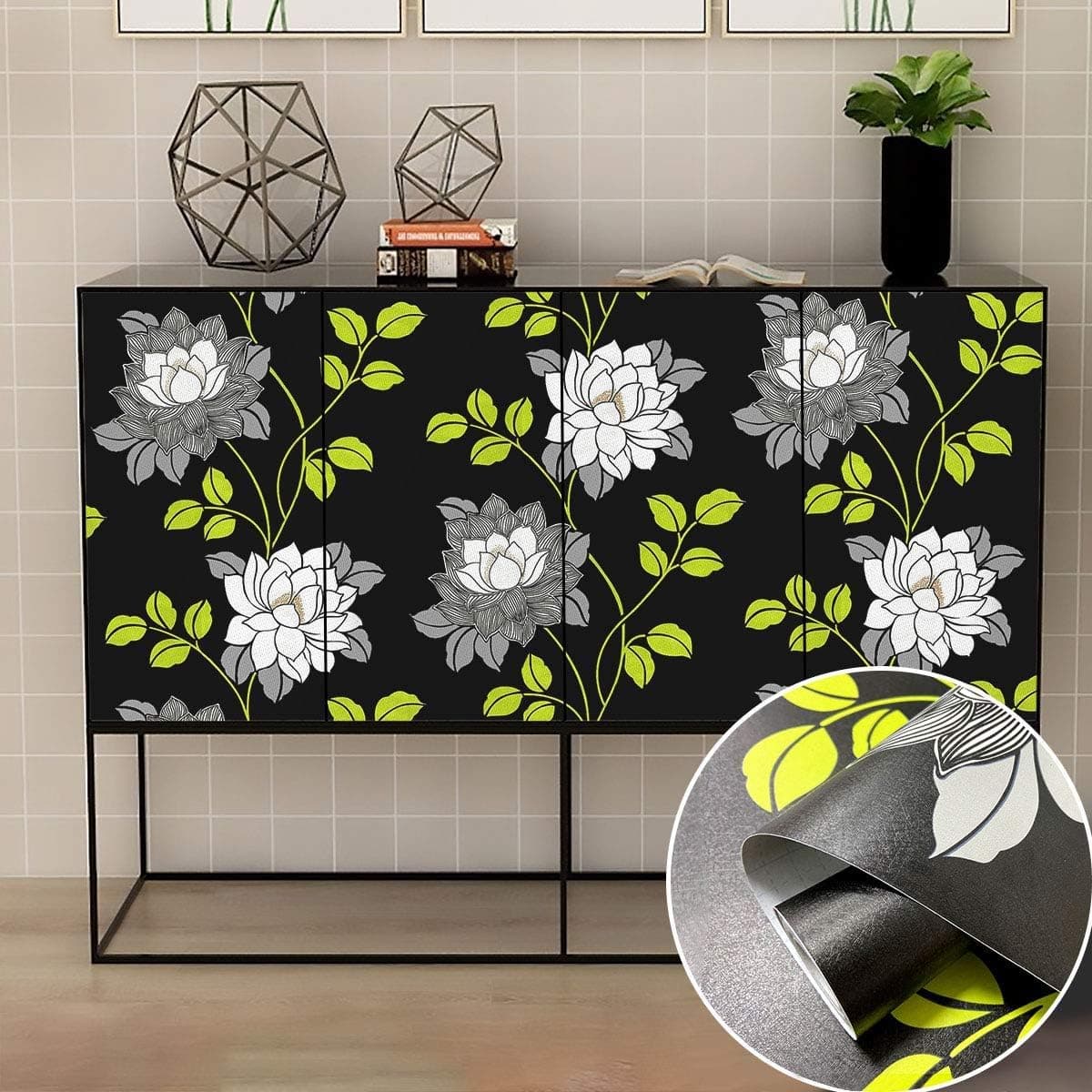 Floral Wallpaper Black Peel and Stick Wallpaper Removable Contact Paper Self Adhesive Wallpaper for Living Room Bathroom Decorative 17.7"x197" Shelf Drawer Liner Vinyl Roll