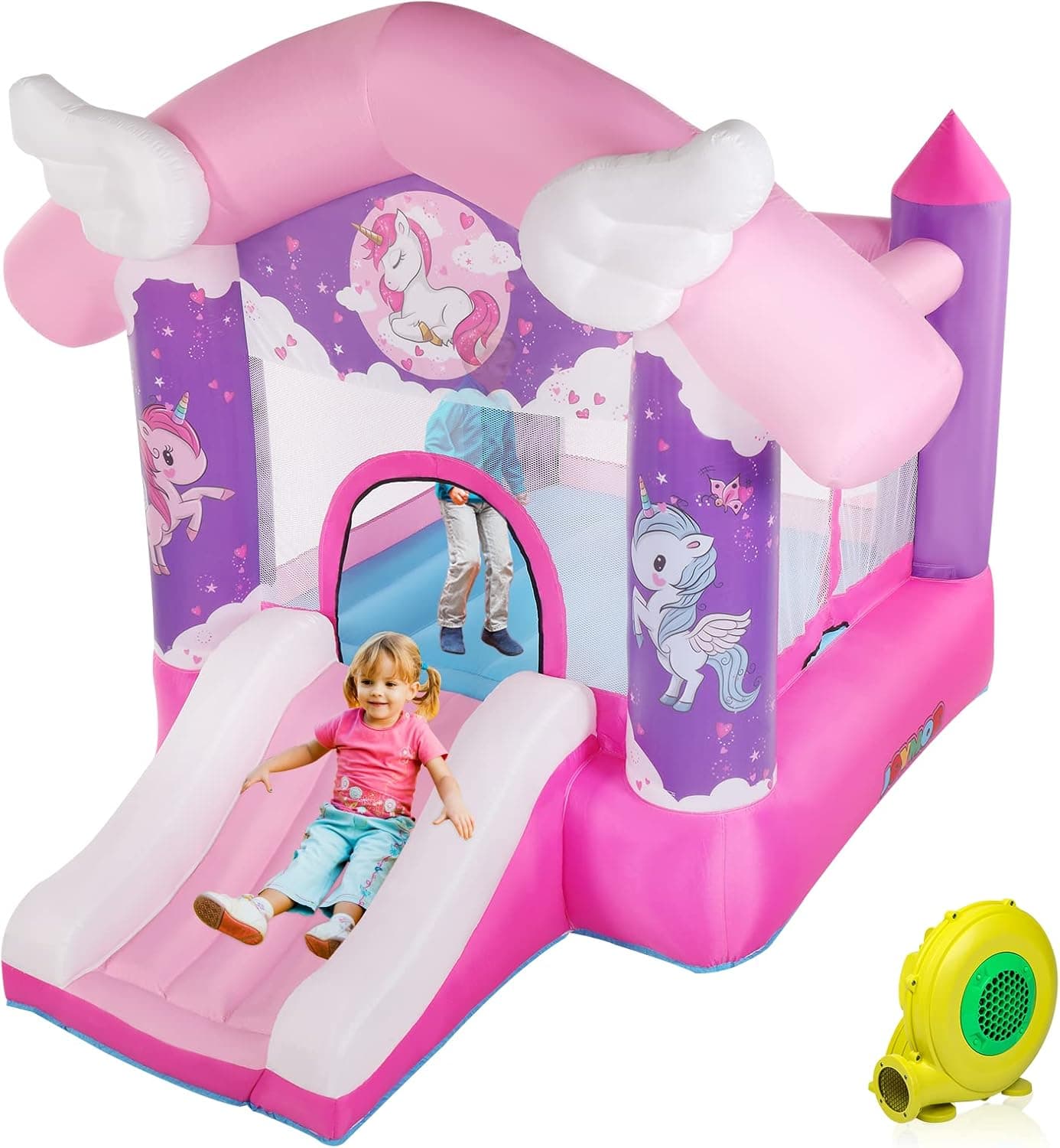 JOYMOR Pink Princess Inflatable Bounce House with Slide Basketball Hoop, Flying Unicorn Theme Bouncy Castle for Girls, Outdoor and Indoor use(Blower Included)
