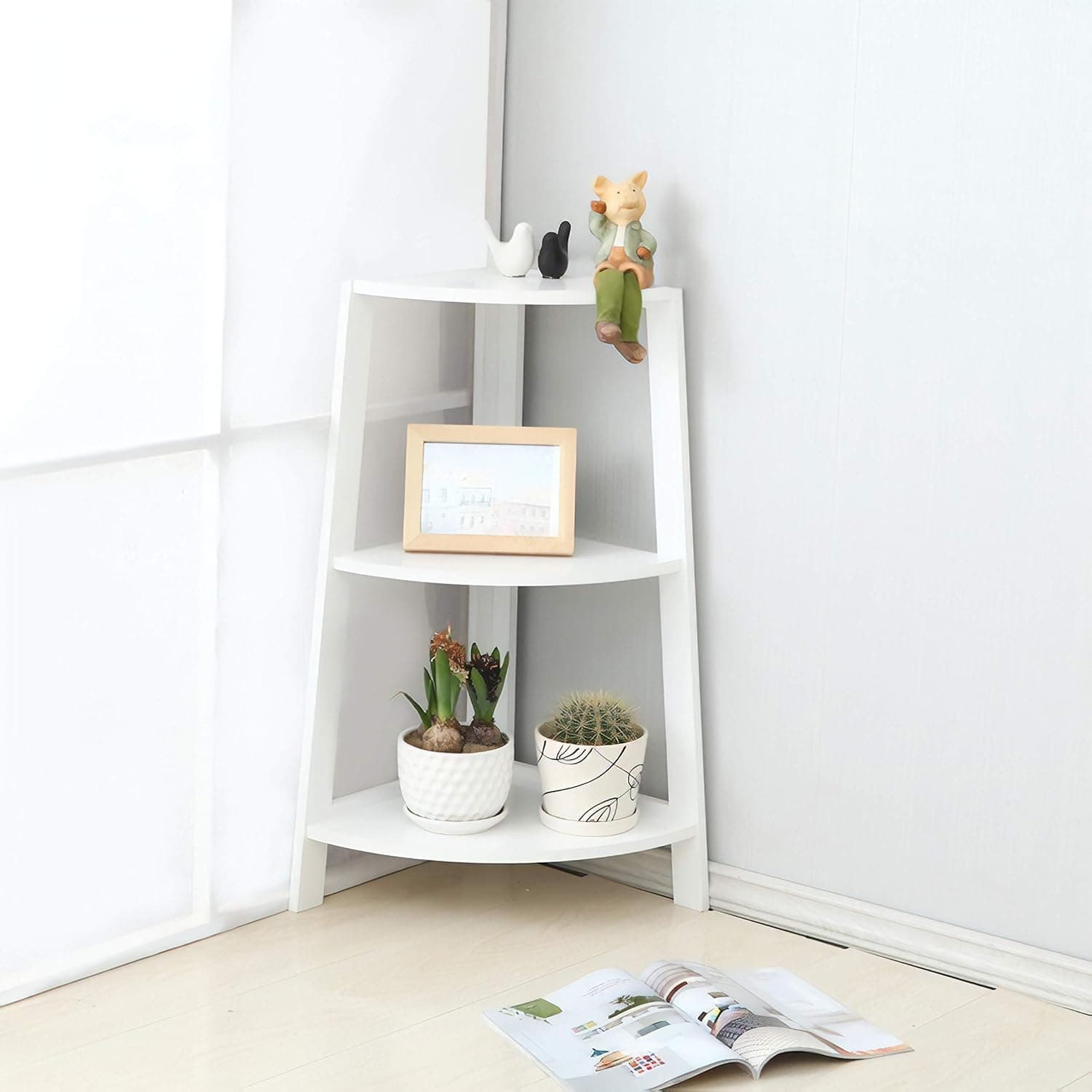 BRAND NEW - Wooden Corner Bookshelf Storage Rack - White or Black - 3 shelves or 5 shelves (white, 3 shelves)